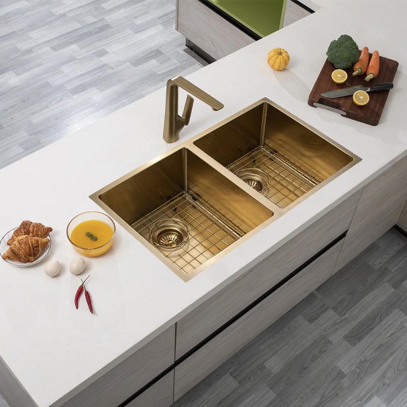 Brushed Yellow Gold 1.2mm Handmade Top/Undermount Double Bowls Kitchen Sink - Image 3