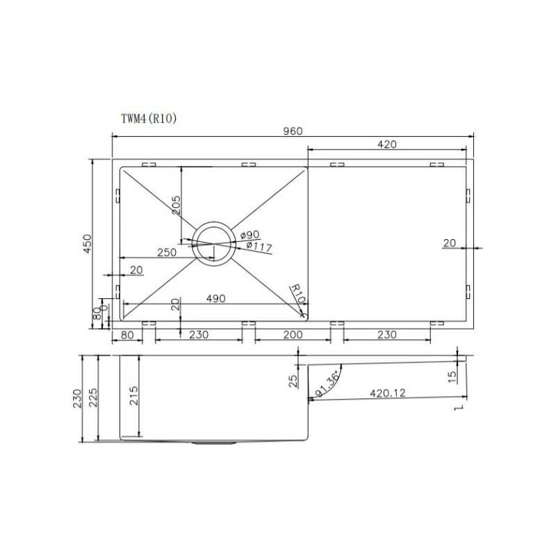 960x450x230mm Hand-made Single Bowl Kitchen Sink (Round Edges) - Image 2
