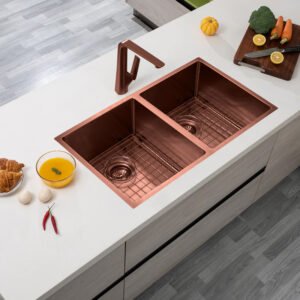 Rose Gold PVD 1.2mm Handmade Top/Undermount Double Bowls Kitchen Sink