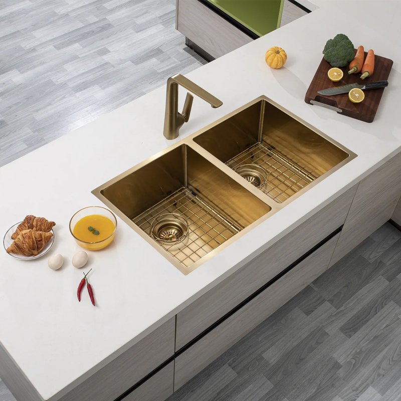 820x457x230mm Brushed Yellow Gold 1.2mm Handmade Top/Undermount Double Bowls Kitchen Sink - Image 2