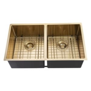 Brushed Yellow Gold Hand-made Double Bowl Kitchen Sink