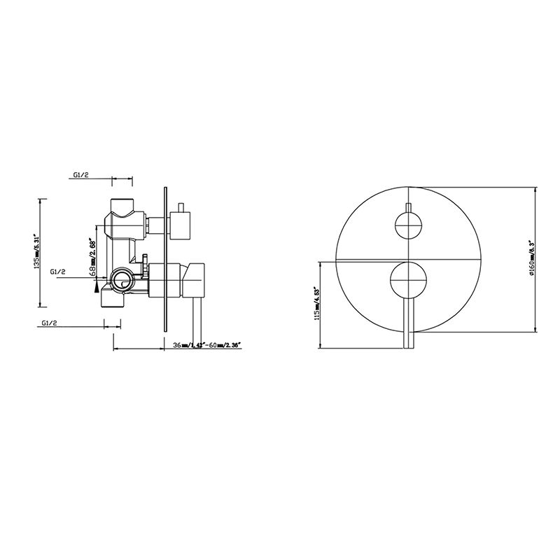 LUCID PIN Round Brushed Brass Wall Mixer with Diverter - Image 2