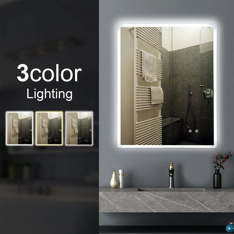 600x750mm 3 Color Lighting Front lit LED Mirror Touch Sensor Switch Defogger Pad Wall Mounted Vertical or Horizontal