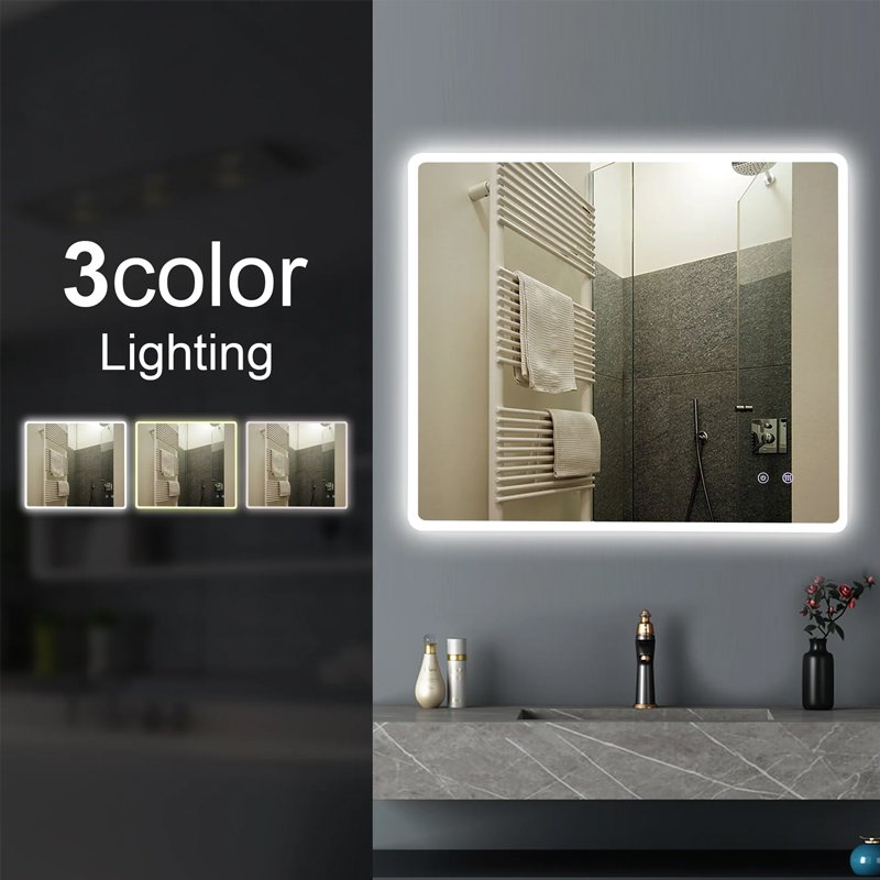 900x750mm Curved Rim Rectangle 3 Color Lighting LED Mirror Touch Sensor Switch Defogger Pad Wall Mounted Vertical or Horizontal