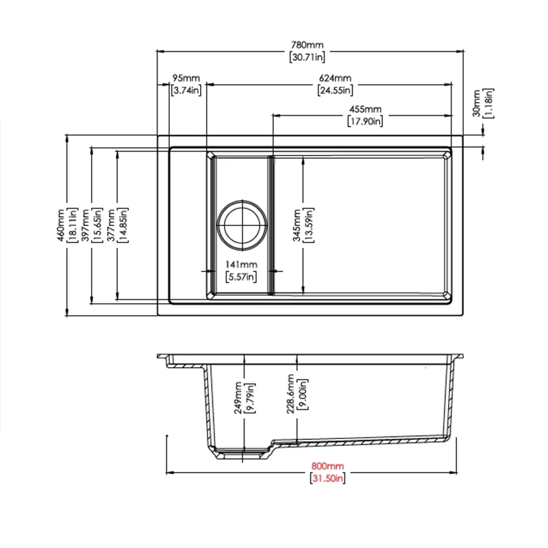 780x460x250mm Carysil Harmony Single Bowl Granite Kitchen Sink - Image 6