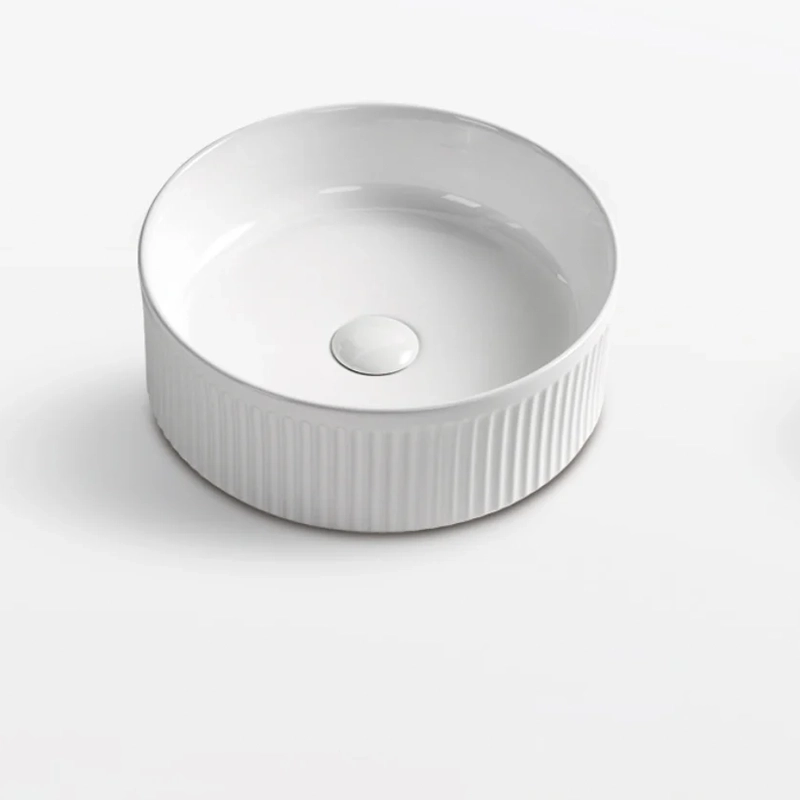 370 x 370 x 130 mm Round Gloss White Fluted Above Counter Ceramic Basin