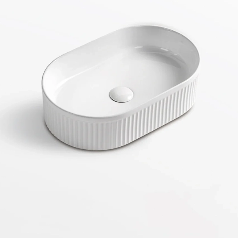 490 x 310 x 130 mm Oval Gloss White Fluted Above Counter Ceramic Basin