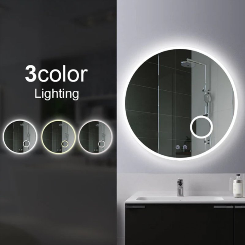 900mm Round 3 Color Lighting Acrylic LED Mirror Touch Sensor Switch Defogger Pad Wall Mounted(Come with Magnifier) - Lighting on the rim