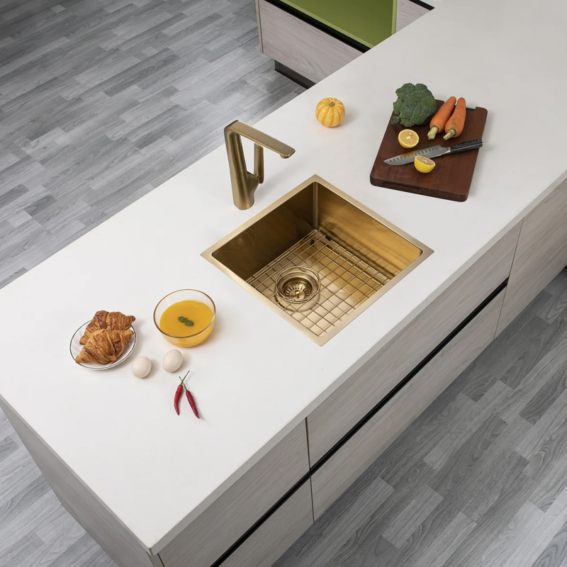 440x440x205mm Brushed Yellow Gold Stainless Steel Handmade Single Bowl Sink for Flush Mount and Undermount - Image 2