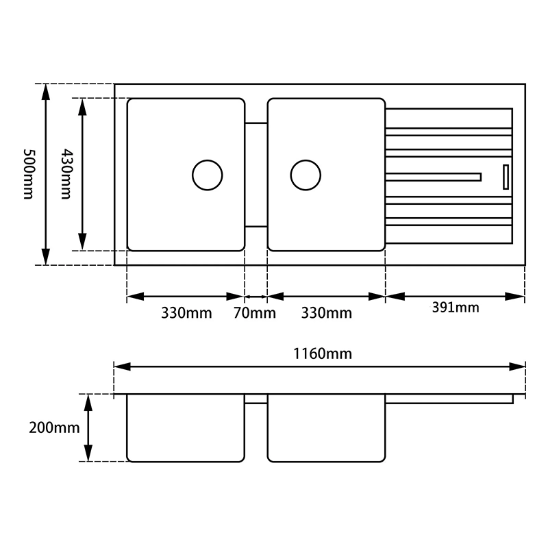 1160x500x200mm Black Granite Quartz Stone Kitchen Sink Double Bowls Drainboard Top/Undermount - Image 2