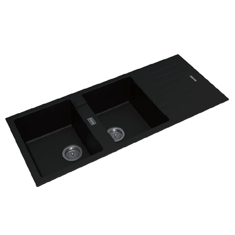 1160x500x200mm Black Granite Quartz Stone Kitchen Sink Double Bowls Drainboard Top/Undermount