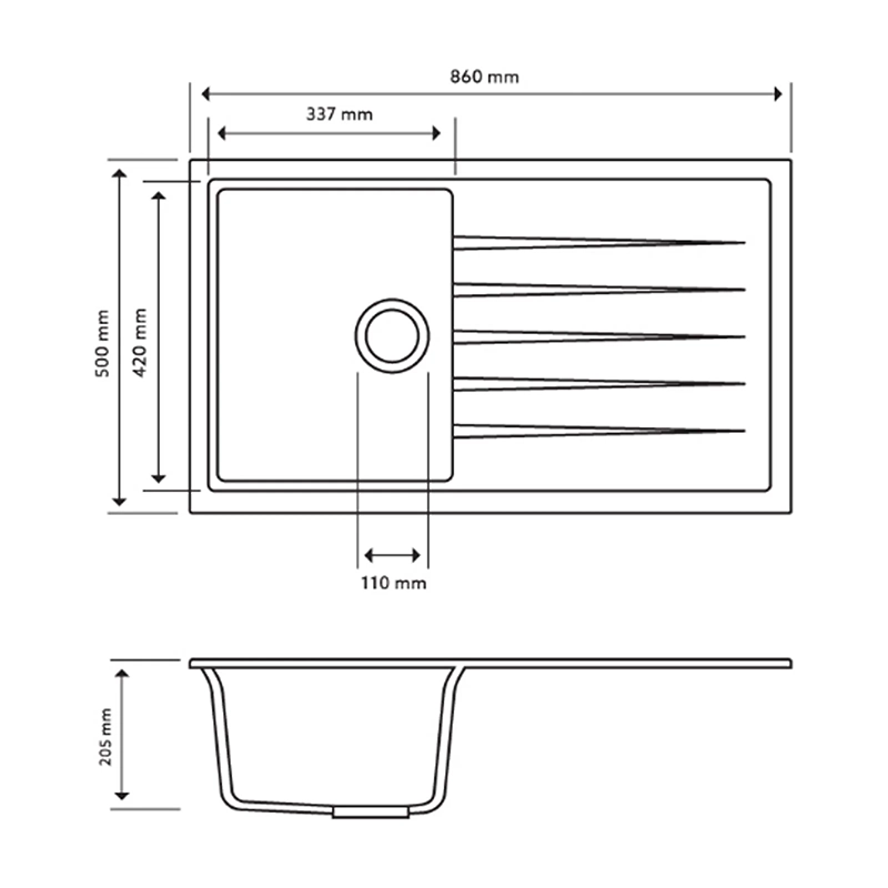 860 x 500 x 205mm Carysil Vivaldi D100 Single Bowl With Drainer Board Granite Kitchen Sink Top/Flush/Under Mount - Image 3