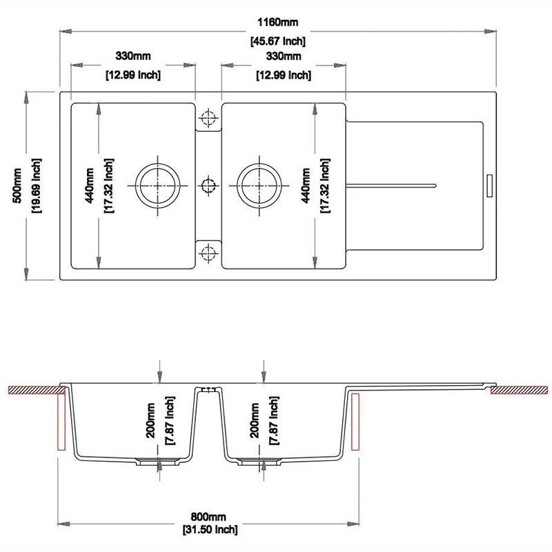 1160x500x200mm Carysil Enigma D200 Double Bowl with Drainer Board Granite Kitchen Sink Top Mount - Image 3