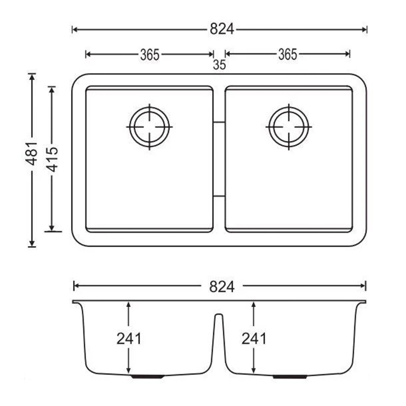 824x481x241mm Carysil Concrete Grey Double Bowls Granite Undermount Kitchen Sink - Image 2