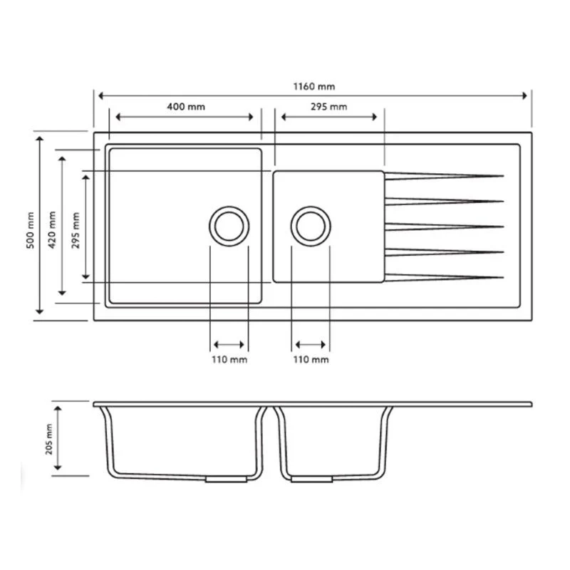 1160 x 500 x 205mm Carysil Vivaldi D200V 1 and A Half Bowl With Drainer Board Granite Kitchen Sink Top/Flush/Under Mount - Image 2