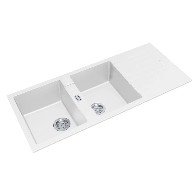 1160x500x200mm White Granite Quartz Stone Kitchen Sink Double Bowls Drainboard Top/Undermount