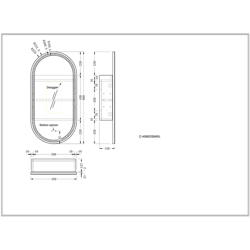 CARYSIL Noble 450x900mm WALNUT Oval LED Shaving Cabinet - Image 5