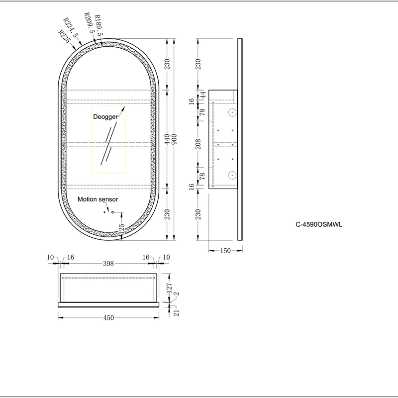 CARYSIL Noble 450x900mm MATTE WHITE Oval LED Shaving Cabinet - Image 4