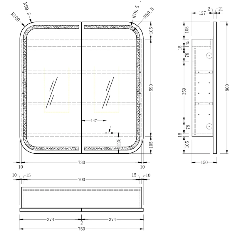 CARYSIL 750x800mm Grand MATTE WHITE Shaving Cabinet - Image 4