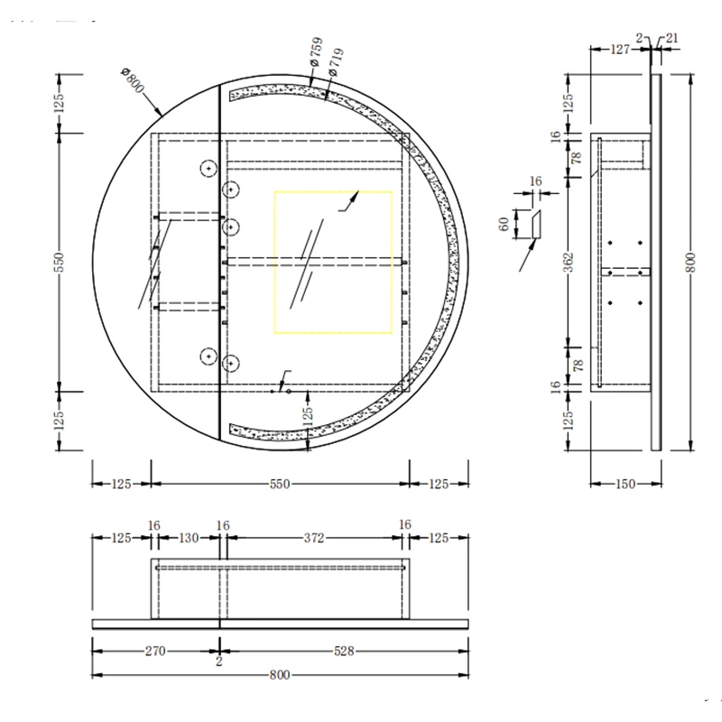 CARYSIL Orbit Series Round 800x800mm Walnut LED Shaving Cabinet - Image 5
