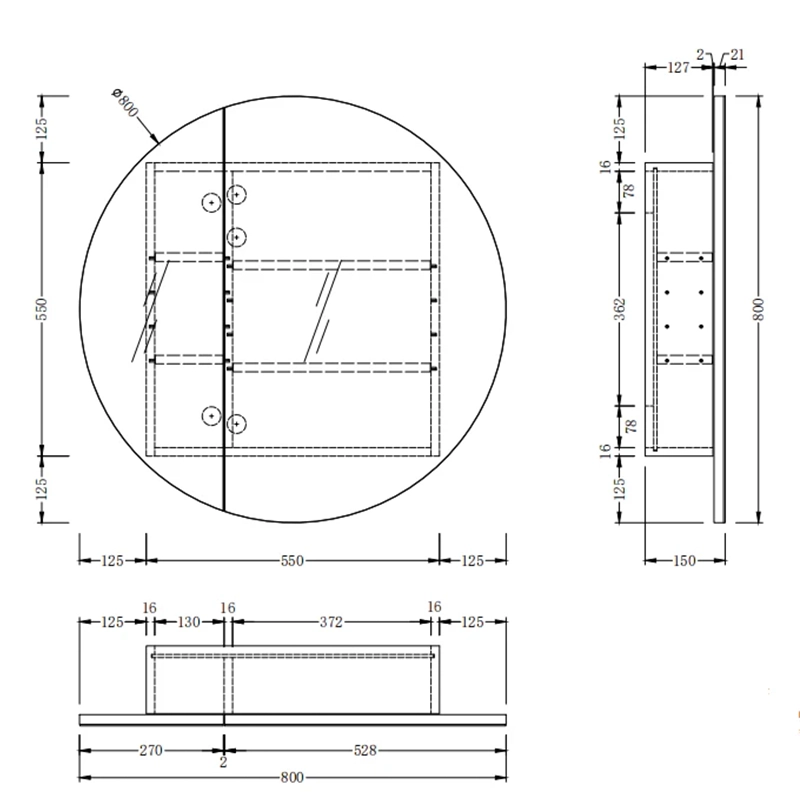 CARYSIL Orbit Series Round 800x800mm Walnut Shaving Cabinet - Image 5