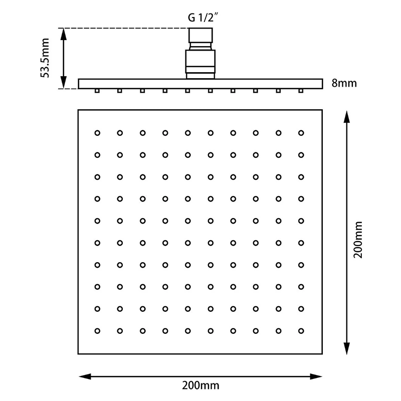 Square Black Rainfall Brass Shower Head 200mm - Image 2