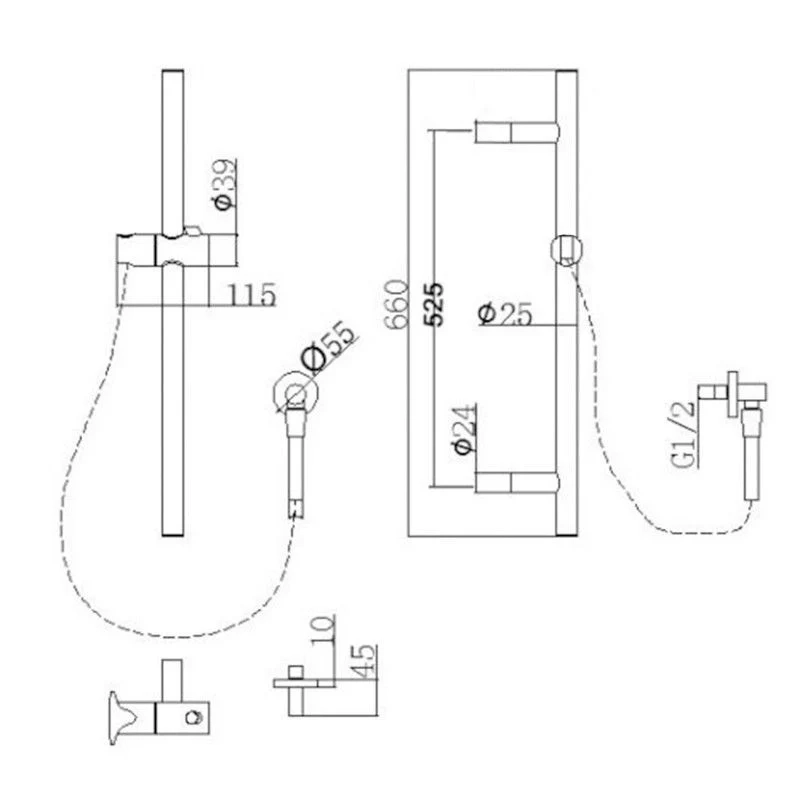 Round Brushed Brass Wall Mounted Sliding Rail with Water Hose & Wall Connector Only - Image 2