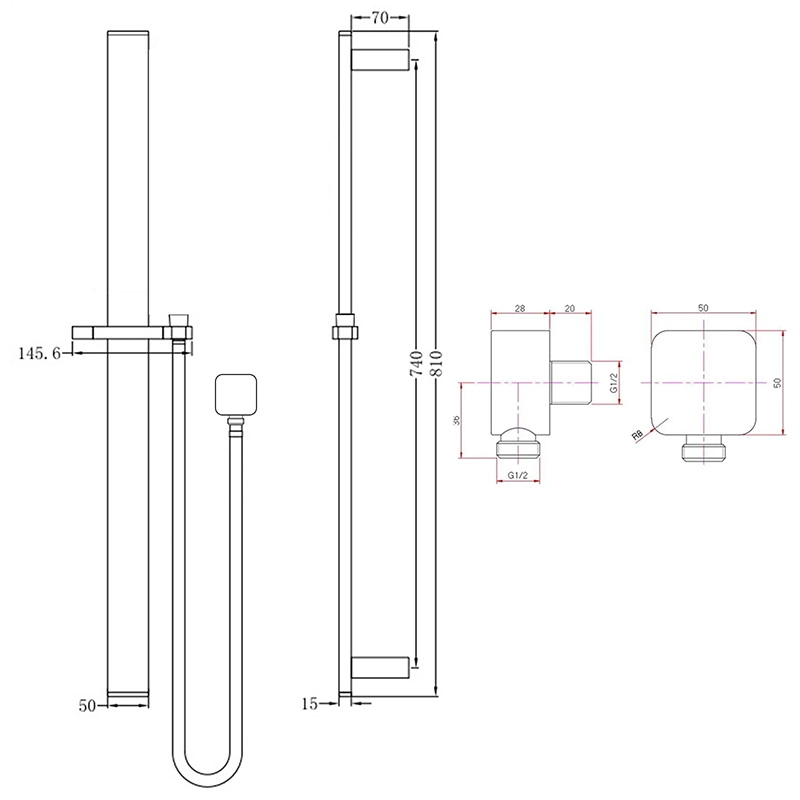 Square Brushed Brass Sliding Shower Rail without handheld Shower (PVC Hose) - Image 2
