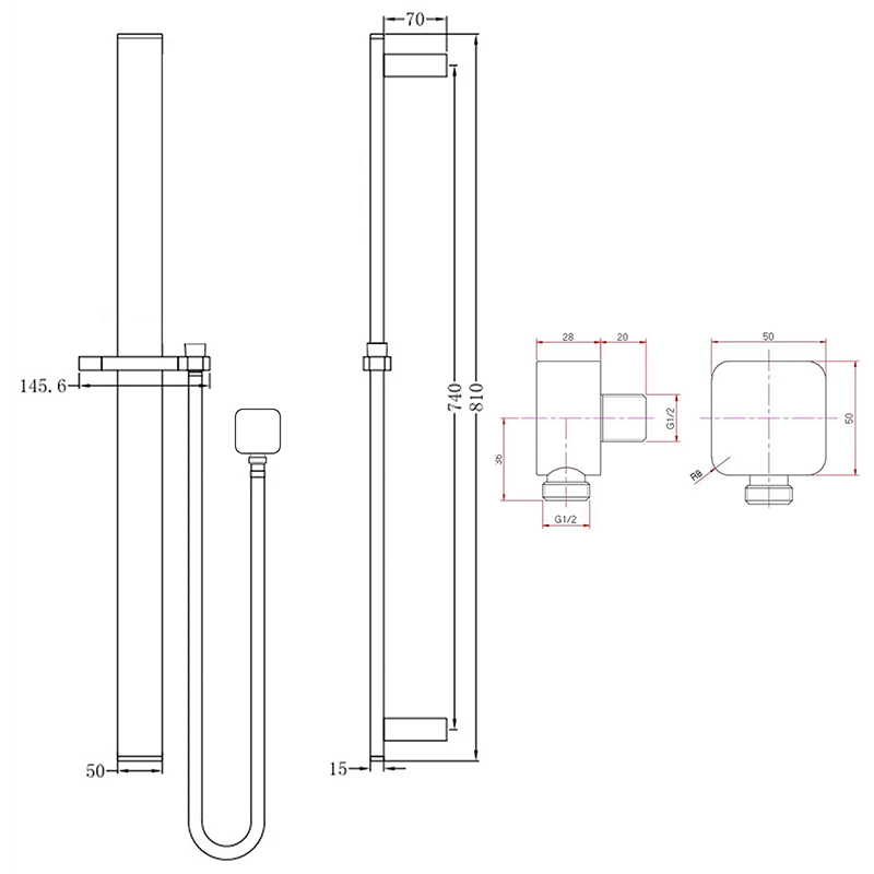 Square Chrome Sliding Shower Rail without Handheld Shower - Image 3